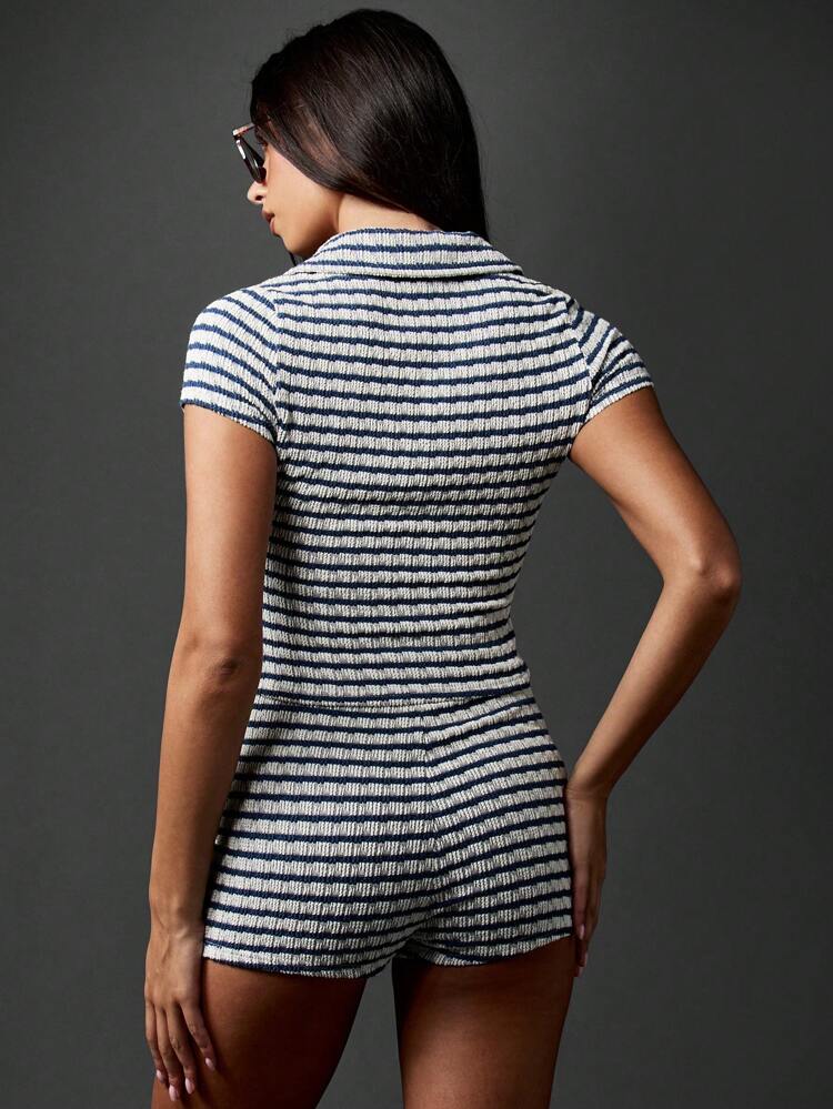 MISSGUIDED Ribbed Knit Polo Set Summer Festival Beach Loungewear Vacation Resort Co-Ord Mid Thigh Length Two Piece