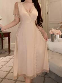 DAZY 针织拼布圆点网眼女士家居服长款睡袍睡衣 - 粉色 - 查看 5