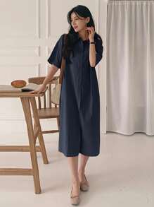 DAZY Vestido-camisa holgado de manga corta de longitud media para mujeres