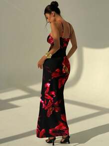 Aloruh 休闲优雅红黑渐变百合花印花女式长款连衣裙，简约时尚风格，适合夏季度假、海滩、派对 - 彩色 - 查看 2
