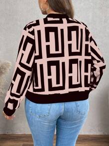 SHEIN LUNE Plus Size Women Geometric Pattern Baseball Jacket, Long Sleeve Fall Winter Cloth For Women Autumn - Pink - View 2