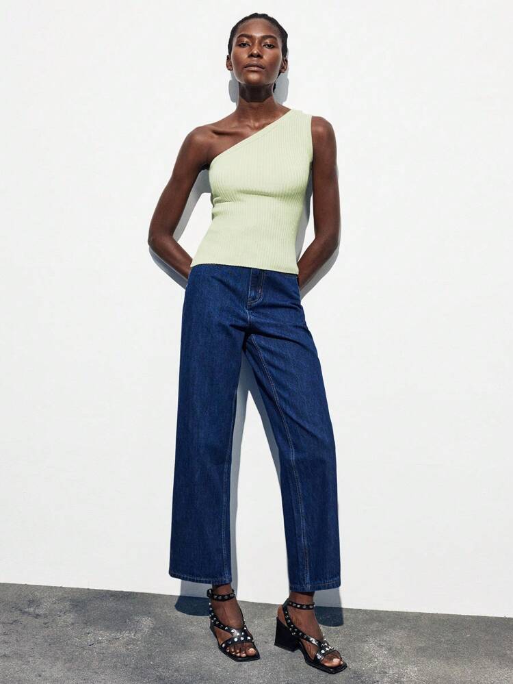 SHEIN Maija Blusa de punto de unicolor sin mangas con cuello asimétrico, top de una manga, top acanalado, blusas de verano, vacaciones, otoño