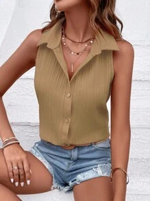 SHEIN LUNE 夏季无袖休闲纯色衬衫 - 卡其色 - 查看 5