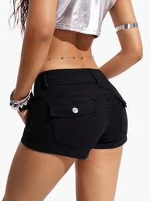 Jeanoix EZwear 女士时尚弹力牛仔短裤，带口袋 - 黑色 - 查看 3