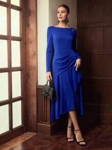 ZEYLAH Round Neck Waisted Metal Decor Maxi Elegant Dress - Blue - View 1