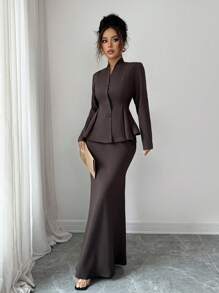 Islaluna Franclia Elegant V-Neck Button-Down Long-Sleeved Suit Perfect For Autumn Maillard Style Fall Cloth For Women - Brown - View 7