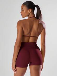 Musera Sport Solid Ruched Bust Open Back Halter Sports Bra, Active Comfy Workout Gym Running Run Club Padel, Tennis, Pickleball Gym Fitness Fall Winter Christmas