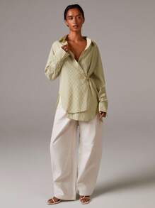Athîral Striped Print Wrap Around Loose Casual Long Sleeve Shirt,Fall Women Clothes,Teacher Shirts - Yellow - View 4