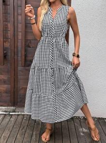 EMERY ROSE Women's Regular V-Neck Sleeveless Midi Dress With Decorative Button Placket,Dresses For Women Elegant,Teacher Outfits For Women,Country Concert Outfit,Office Outfits For Women,Back To School Clothes,Casual Dresses For Woman,Vacation Dress,Airport Outfit For Women,Old Money Style Women Gingham Dress Checkered Dress Casual Midi Dress Picnic Dress Black And White Gingham Dress Tiered Gingham Dress