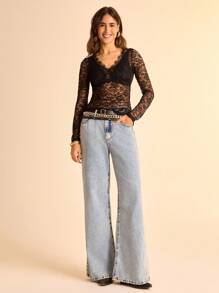 CAJUNI Women's Vacation Casual Black Lace Long Sleeve Tight Blouse, Lace Trim Splice At Chest - Black - View 4