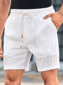 Manfinity VCAY 男士休闲抽绳腰直筒梭织短裤，适合日常穿着 白色短裤男士 白色亚麻短裤男士 白色网眼短裤男士 白色沙滩短裤 白色抽绳短裤男士 全白沙滩裤套装 白色沙滩短裤男士 白色夏季短裤男士