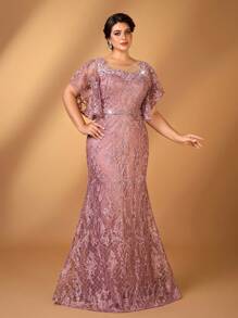 Serin Đầm mẹ dáng ôm cổ tròn thanh lịch lãng mạn cỡ lớn đính hoa trang trí tay bèo nhún viền đuôi cá - Bụi hồng - Xem 7