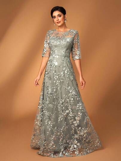 Serin Elegant And Luxurious Gray Glamor Bubble Pearl Rhinestone Embroidered Lace V-Neck Sheer Short Sleeve A-Line Dress, Suitable For Weddings, Singles Parties, Vacations, Dances, Galas, Mother Of The Bride Formal Gown