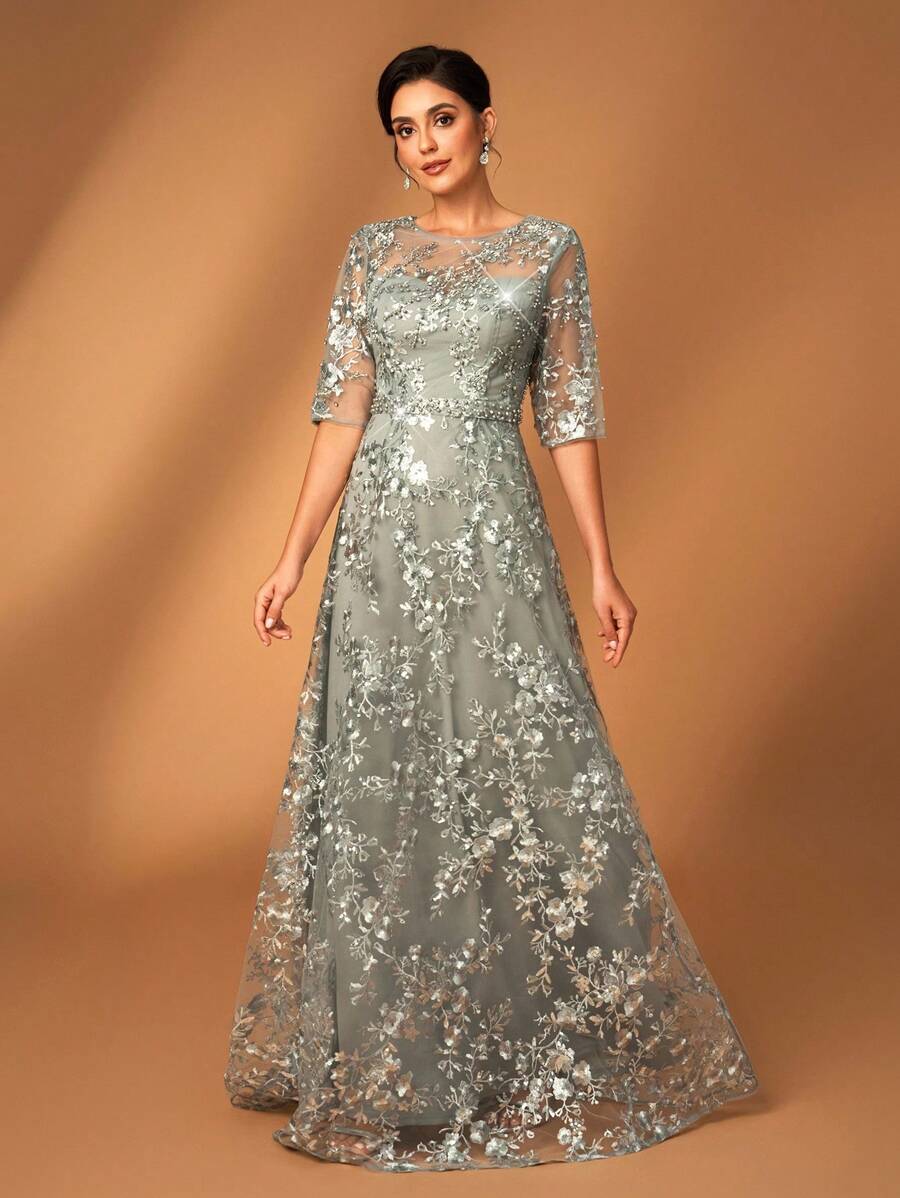 Serin 优雅奢华的灰色魅力泡泡珍珠水钻刺绣蕾丝V领薄纱短袖A字连衣裙，适合婚礼、单身派对、度假、舞会、晚宴、新娘母亲正式礼服、情人节等场合。 - 藕粉色 - 查看 1