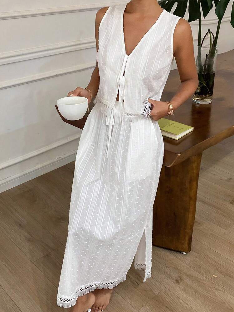 Bohemian Vacation 3D Texture Fabric Vest & Skirt Combo Women Pajamas Set