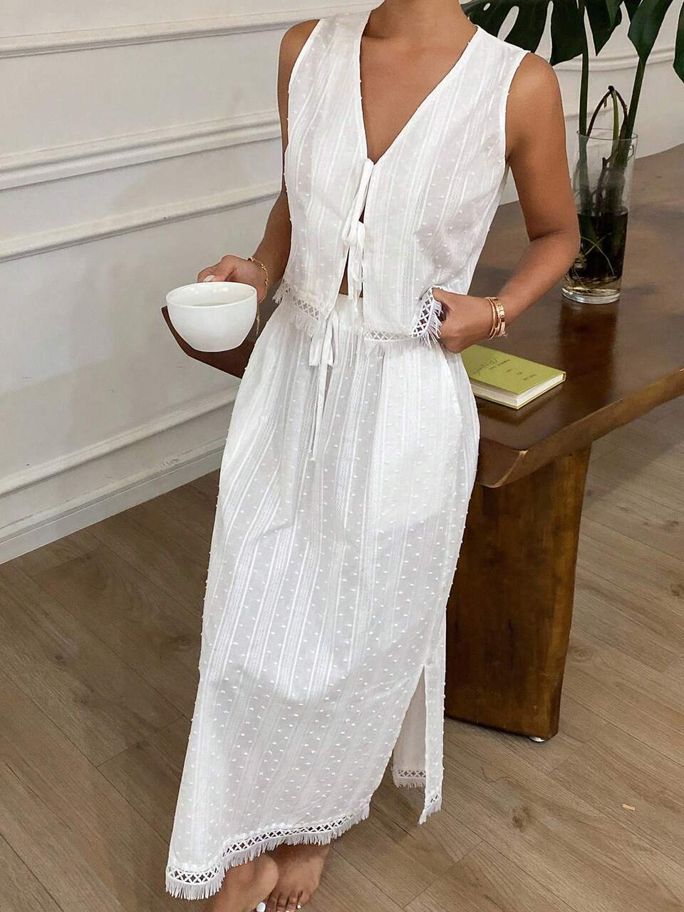 Bohemian Vacation 3D Texture Fabric Vest & Skirt Combo Women Pajamas Set