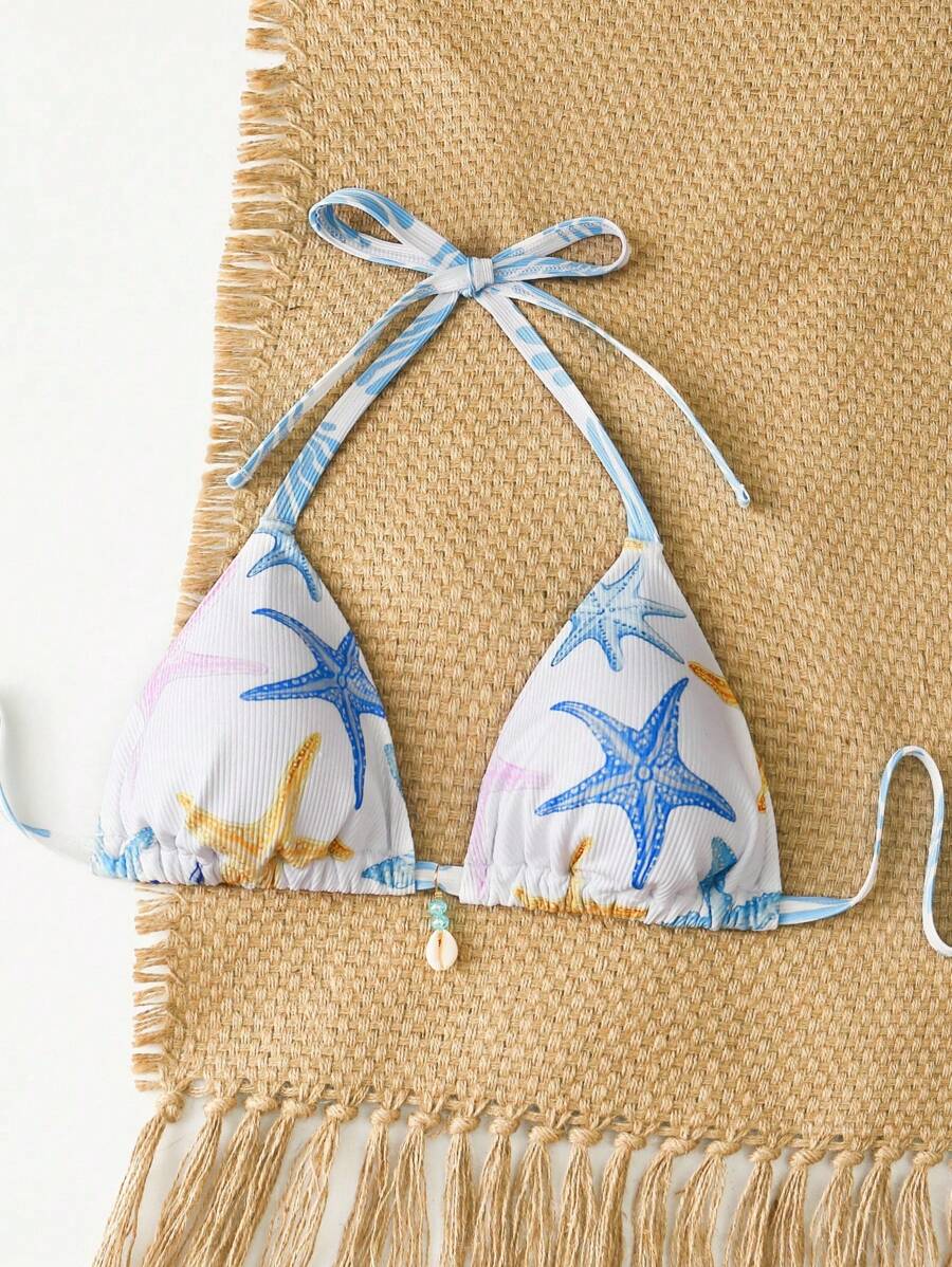 Swim Mod Plus Size Women's Starfish & Shell Print Triangle Halter Bikini Top For Summer Beach Vacation - Multicolor - View 1