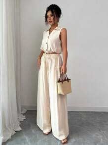 SHEIN PETITE 1 Set Women's Casual/Commuting Textured Apricot Collared Sleeveless Belted Shirt + Women's Casual/Commuting Textured Apricot Ruffled Faux Pocket Wide-Leg Pants, Spring/Summer