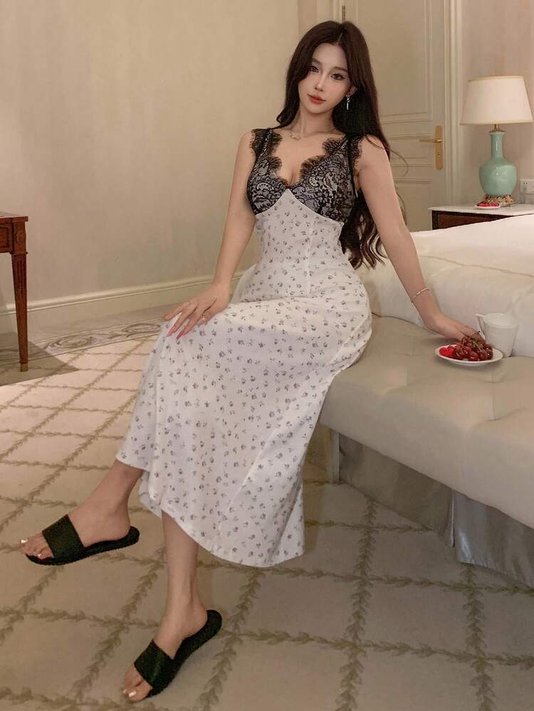 Sexy Contrast Color Lace Patchwork Waist Strap Maxi Nightgown For Women Pajama