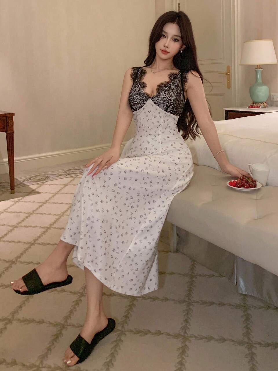 Sexy Contrast Color Lace Patchwork Waist Strap Maxi Nightgown For Women Pajama