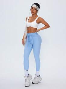 SHEIN Sovereign Charm Women's Versatile Solid Color High Waist Drawstring Sports Leggings - Blue - View 3
