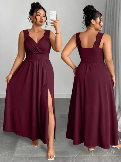 Elenzga Plus Size V-Neck Contrast Lace Spaghetti Strap A-Line Dress With Slit Burgundy Dress Plus Size Formal Dress Wine Colored Dress Plus Size Elegant Dress Slit Dress