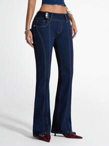 SHEIN Unity Women's Casual Low-Waist Denim Bell-Bottom Pants With Pockets - Dark Wash - View 5