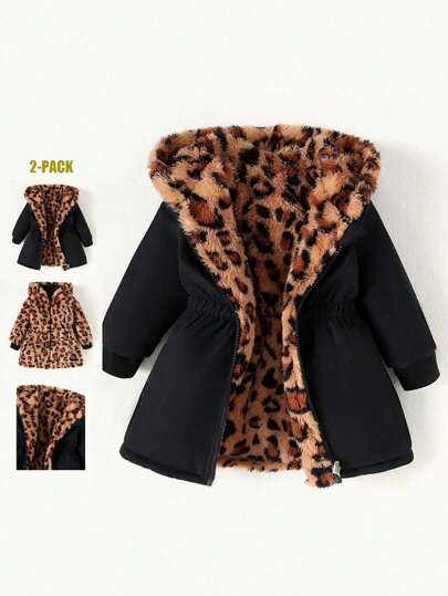 SHEIN Playful Pals Baby Mädchen Säugling Kleinkind Neugeborene 0-3 Jahre warme doppelseitige Kapuzenjacke mit Fake-Pelz-Flanell, Leopard- und einfarbig Schwarz, Mittellang, Herbst/Winter