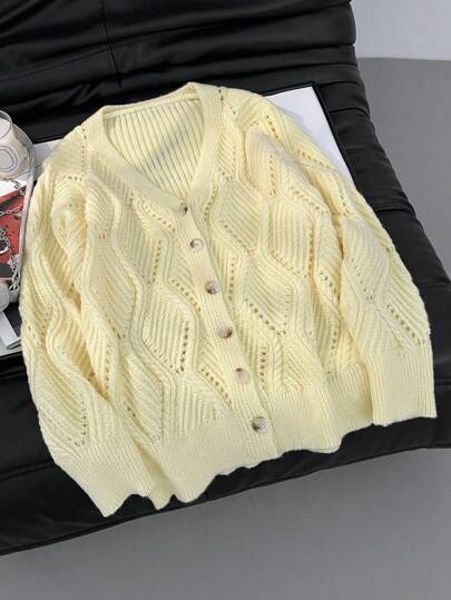 Firerie Women Lightweight Cover Up, Casual Loose Knit Sweater Outwear For Spring/Summer/Yellow Jacquard Long-Sleeved Autumn V-Neck Knitted Cardigan Thin Sun Protection Sweater Jacket