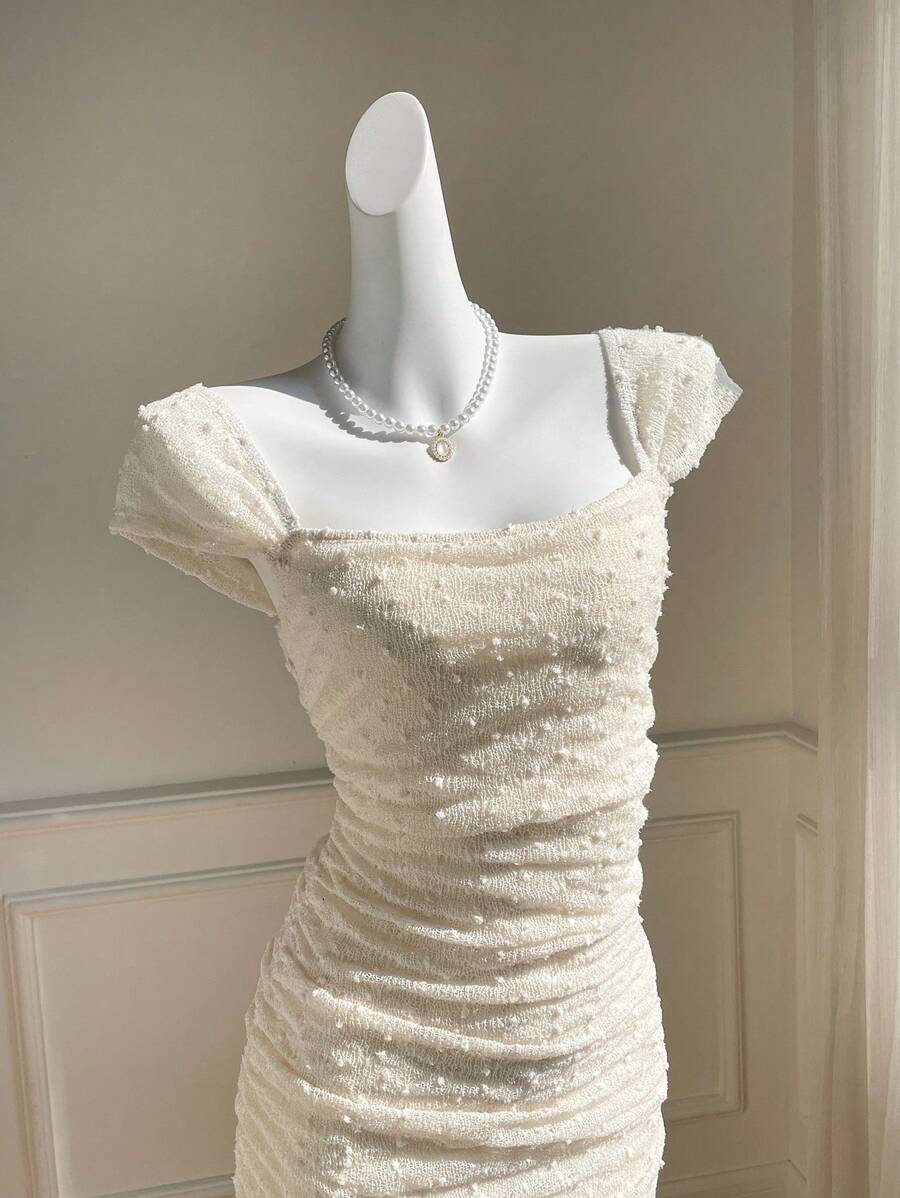 Comfortcana 女士时尚修身提花波点连衣裙香槟色连衣裙长款优雅连衣裙奶油色连衣裙 - 杏色 - 查看 1