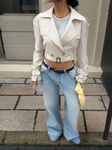 Muchica 女式米色翻领双排扣短款休闲风衣 - 杏色 - 查看 3