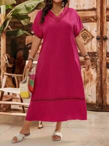 EMERY ROSE 大码女式休闲度假风格 V 领撞色蕾丝蝙蝠袖宽松连衣裙，夏季