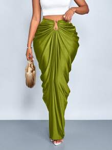 SOLERSUN Váy xếp ly màu trơn thời trang nữ - Màu xanh Ô liu - Xem 7