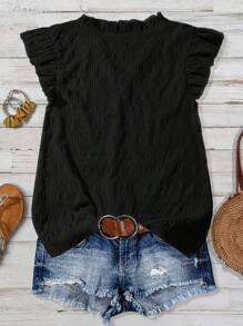 Linhara Plus Size Women's Solid Color Textured Fabric V-Neck Ruffle Trim Puff Sleeve Fitted Casual Regular Blouse - Black - View 2