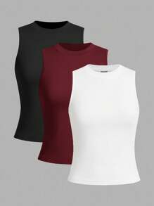 SHEIN LUNE 3件装休闲纯色百搭女式圆领修身背心，黑白配色，适合夏季返校季，休闲百搭 - 彩色 - 查看 6