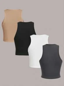 SHEIN Essnce 4 件套休闲纯色百搭女士短款紧身吊带背心，适合夏季