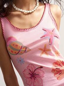 Bohemela Pink Summer BOHO Beach Holiday Women Tank Top,Tropical Floral Seashell Graphic Pattern Beaded Knit Slim Fit Sleeveless Casual Vacation Style Tee - Pink - View 2
