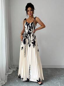 Elenzga Elegant Printed Sleeveless Ruched Waist Romper For Women