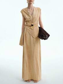 Aalyst 女式休闲 V 领无袖不对称下摆腰系带上衣和纯色 A 字长裙套装，适合工作，春夏季