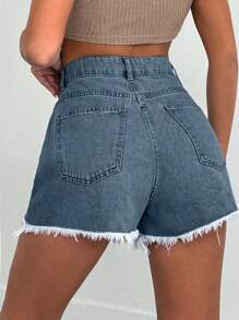 EURMUSE 100%纯棉女款浅蓝色石洗磨边牛仔短裤 - 藍色 - 查看 2