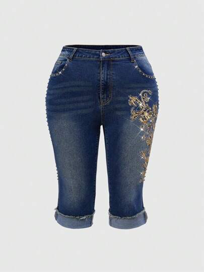 Grunge Punk Vintage Y2K Jeans mit Kreuz-Stickerei Muster, ausgewaschene Farbe, elastisch, skinny geschnitten, 7/8 Länge, Große Größen