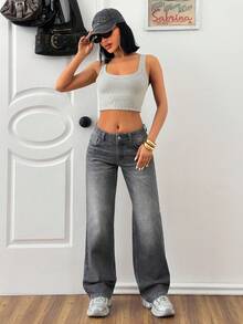 EURMUSE 休闲水洗低腰直筒牛仔裤 - 中等水洗藍 - 查看 5