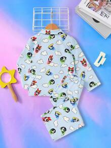 THE POWERPUFF GIRLS X SHEIN Young Girl Blossom, Bubbles, Buttercup Pattern Knit Turndown Collar Top & Pants 2-Piece Pajama Set, Autumn/Winter Fall - Baby Blue - View 2
