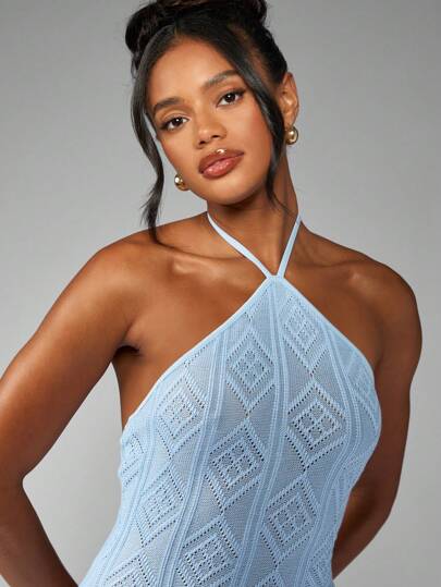 MISSGUIDED Elegant Long Halter Neck Knit Diamond Pattern Bodycon Maxi Dress ｜MISSGUIDED