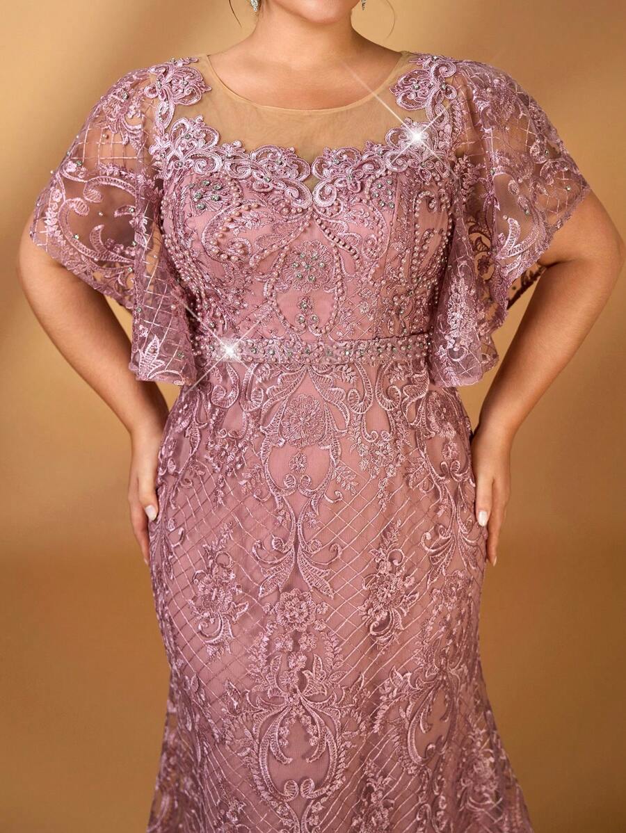 Serin Đầm mẹ dáng ôm cổ tròn thanh lịch lãng mạn cỡ lớn đính hoa trang trí tay bèo nhún viền đuôi cá - Bụi hồng - Xem 1