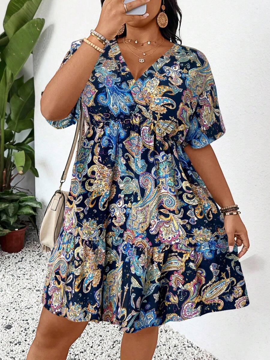 SHEIN LUNE 喇叭下摆收腰加大码连衣裙 乡村音乐会服装 毕业服装 女士夏季服装 女士早午餐服装 母亲节教堂服装 - 藏蓝色 - 查看 1