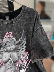 Flirla 大码休闲街头风格唇印圆领 T 恤，100% 纯棉 - 黑色 - 查看 3