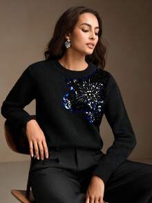 Anewsta Áo len thu đông thanh lịch, sang trọng, thêu kim sa và đính đá, cổ tròn - màu đen - Xem 1