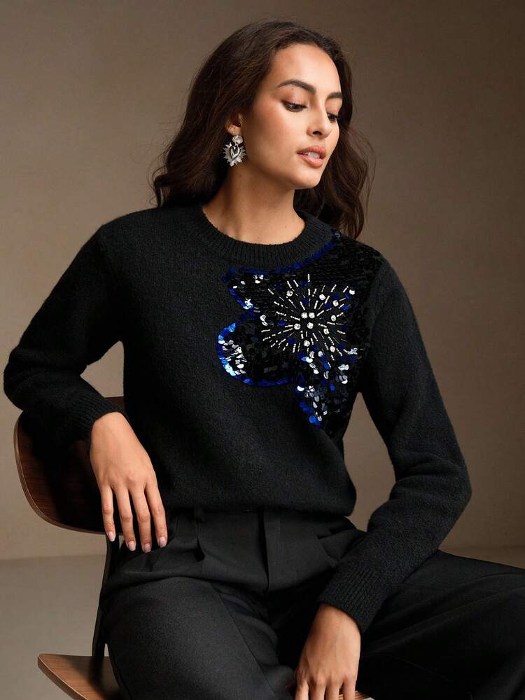 Elegant Chic Autumn/Winter Sweater With Embroidered Sequin & Rhinestone Floral Decor, Round Neck