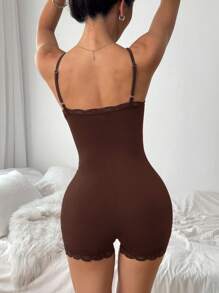CovetEZ 女士棕色蕾丝拼布细肩带紧身衣 - 棕色 - 查看 2
